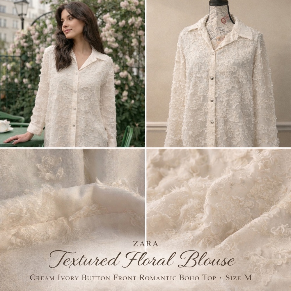 Zara Textured Floral Blouse Cream Ivory Button Front Romantic Boho Top Size M - Picture 2 of 9